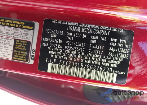 2016 Hyundai Santa Fe Sport 2.4L z USA, uszkodzony, nr VIN 5XYZU3LB7GG376290